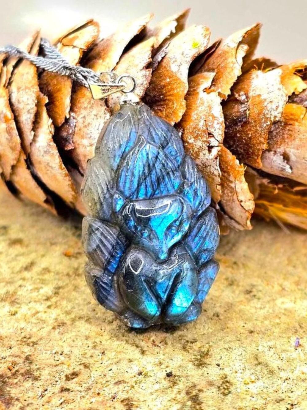 Nature Labradorite Carved Nine Tails Fox Pendant Necklace